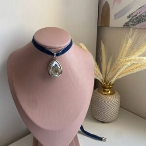 colar veludo azul pingente de gota grande ponteira prata