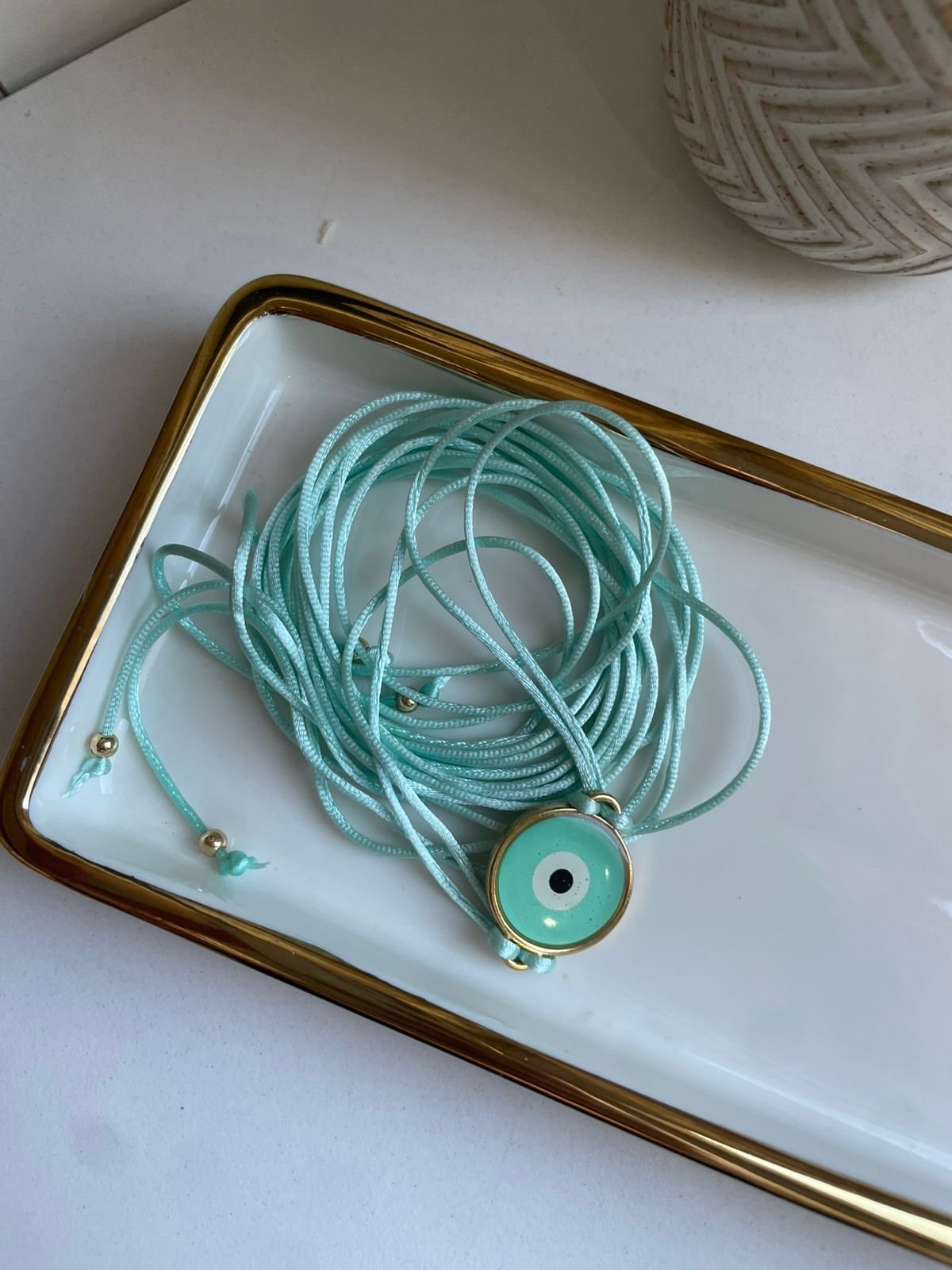 Pulseira Voltas Fios Verde Agua Olho Grego Dourado - Imagem 2