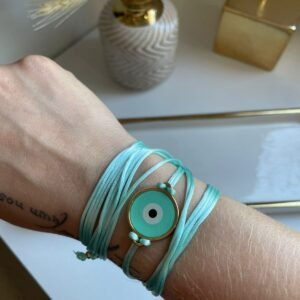 Pulseira Voltas Fios Verde Agua  Olho Grego Dourado