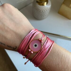 Pulseira Voltas Fios Rosa   Olho Grego Dourado